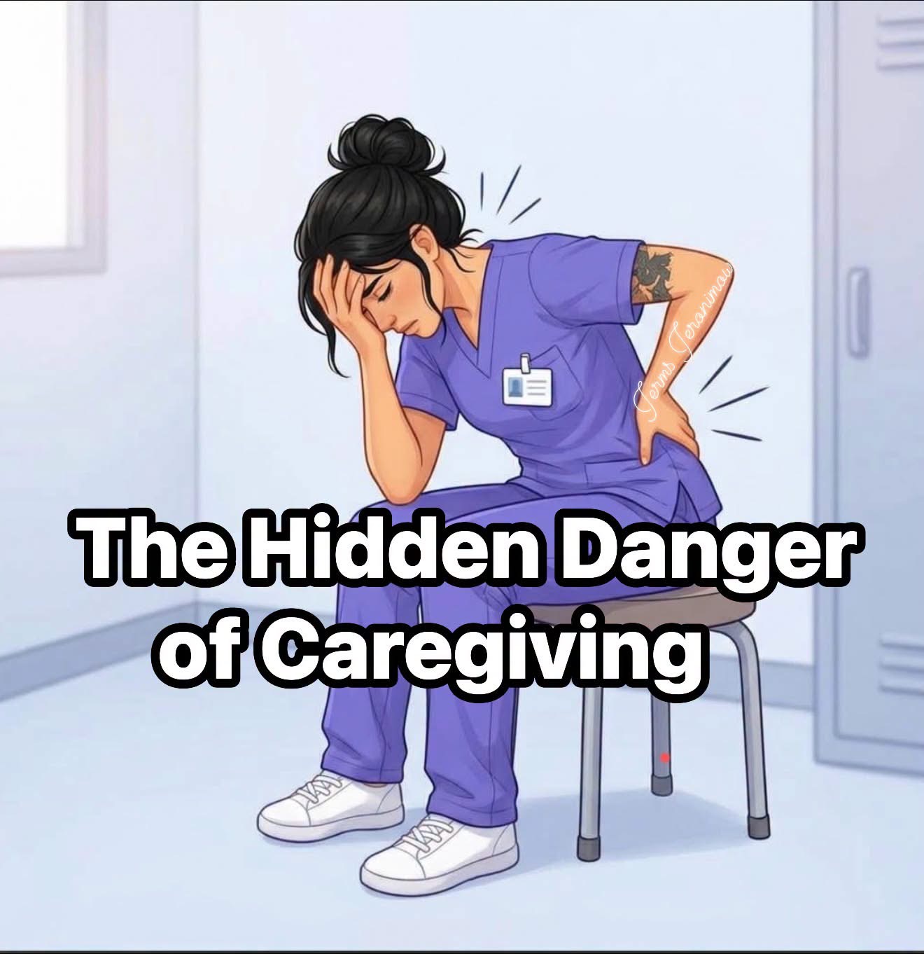 Illustration of a tired caregiver in purple scrubs holding her head and lower back, with the words The Hidden Danger of Caregiving